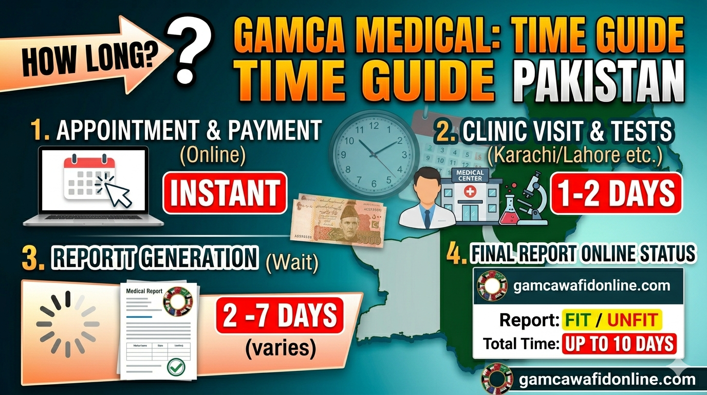 GAMCA WAFID medical process timeline in Pakistan showing report processing time