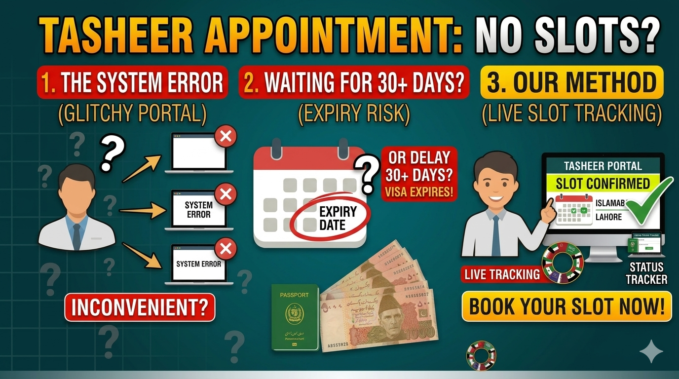 Tasheer Pakistan online visa appointment booking system calendar error fix